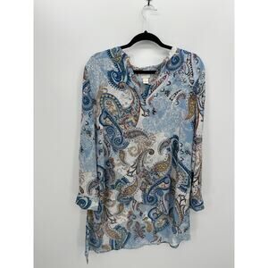 Chico's Blue Paisley Tunic Top Size L Lagenlook Asymmetrical Boho Sheer Light